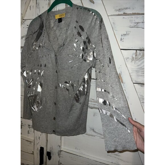 SoCa St. John Cardigan Sweater Gray Silver Shiny Metal Lightweight Spring Size M - Picture 3 of 8